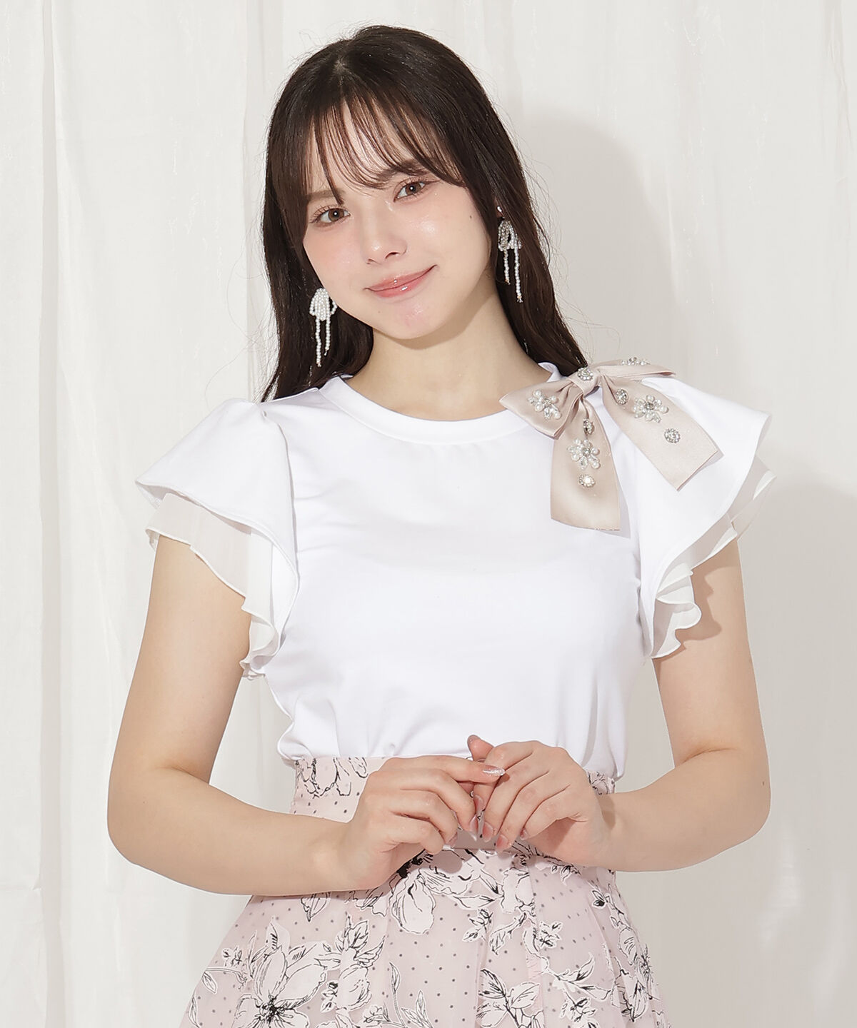 WILLSELECTION「ビジューリボン付き袖フリルプルオーバー」|Tシャツ・カットソー|オフ