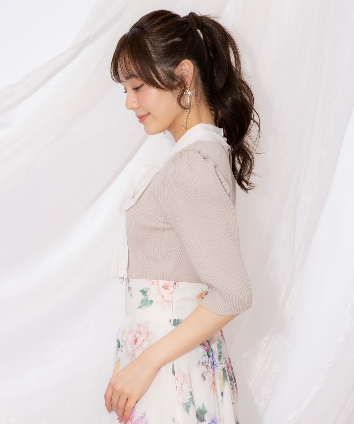 WILLSELECTION「リボンタイ5分袖リブニット」|ニット・セーター|