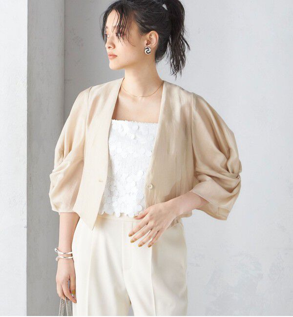 SHIPS for women「little black:〈手洗い可能〉ネジリ スリーブ シアー ショート 羽織（セレモニー対応可）」|ノーカラージャケット|ベージュ