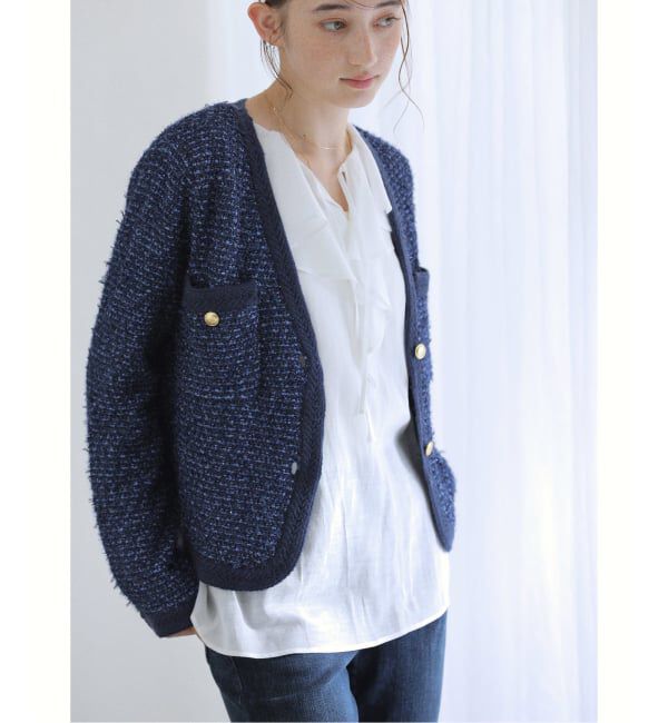  「Vネックツイードカーディガン」|カーディガン|ネイビー