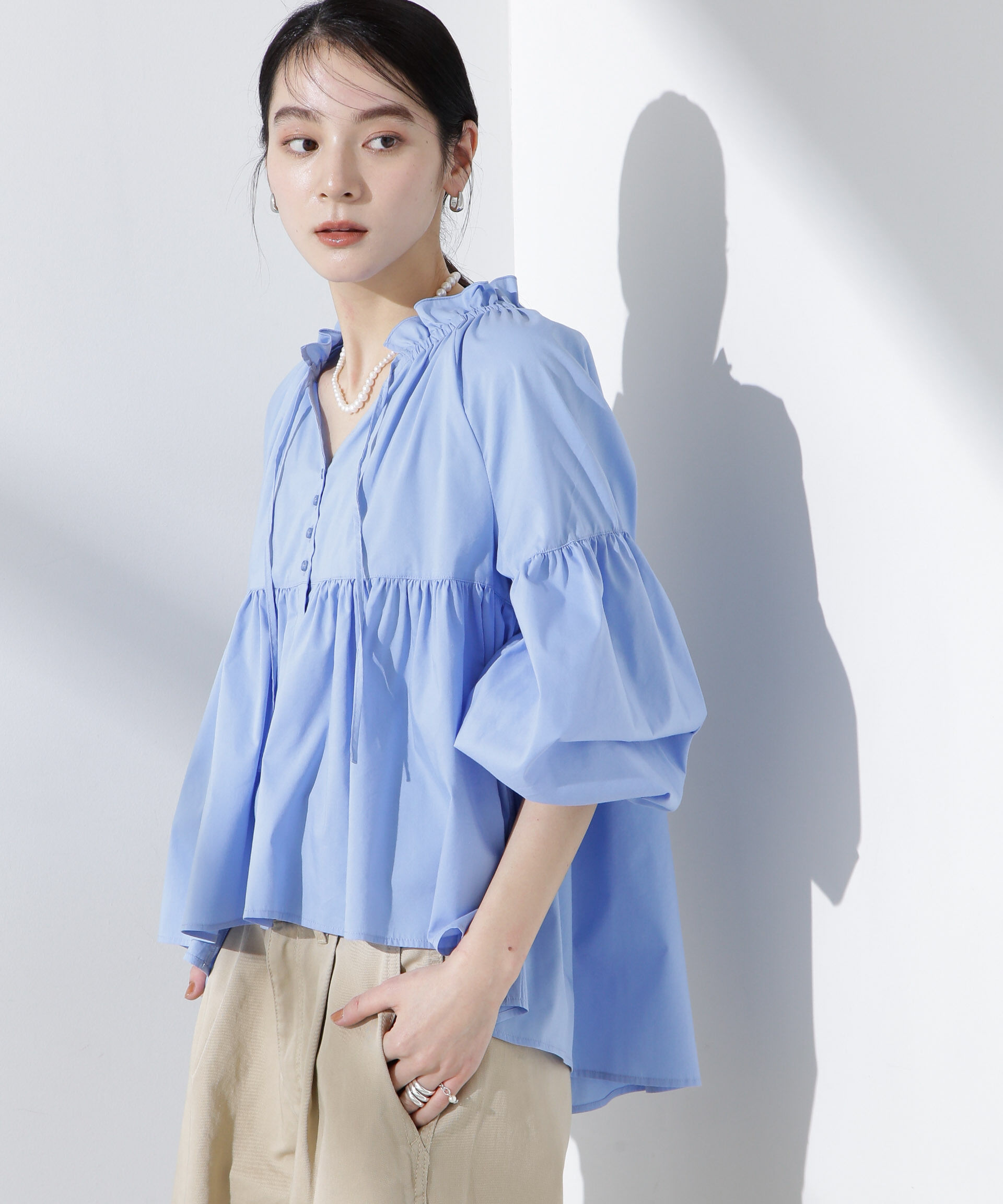 nano･universe「フリルギャザーショートシャツ」|シャツ・ブラウス|