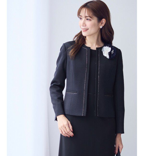 ANY SIS「リップルボーダーストレッチ ジャケット」|ノーカラージャケット|ネイビー