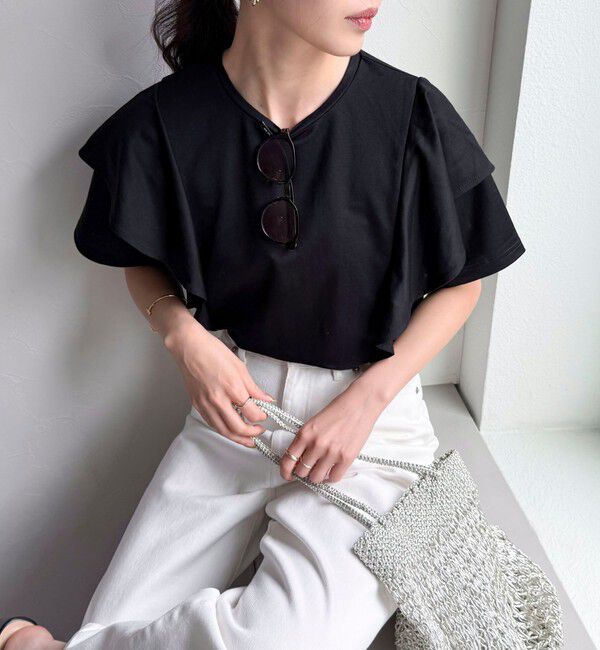 fredy emue「ラッフルショルダー半袖Tシャツ」|Tシャツ・カットソー|ブラック