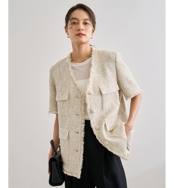 ROPE「サマーツイードハーフスリーブジャケット」|ノーカラージャケット|オフホワイト(15)