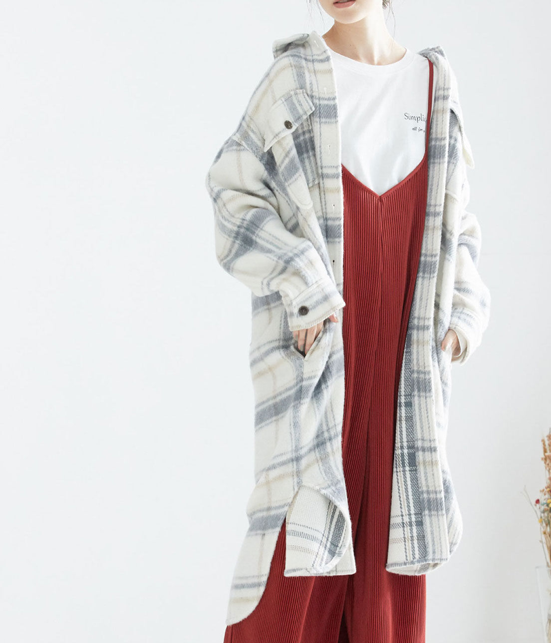 VIS「シャギーチェックCPOロングジャケット」|ミリタリージャケット|オフホワイト(15)