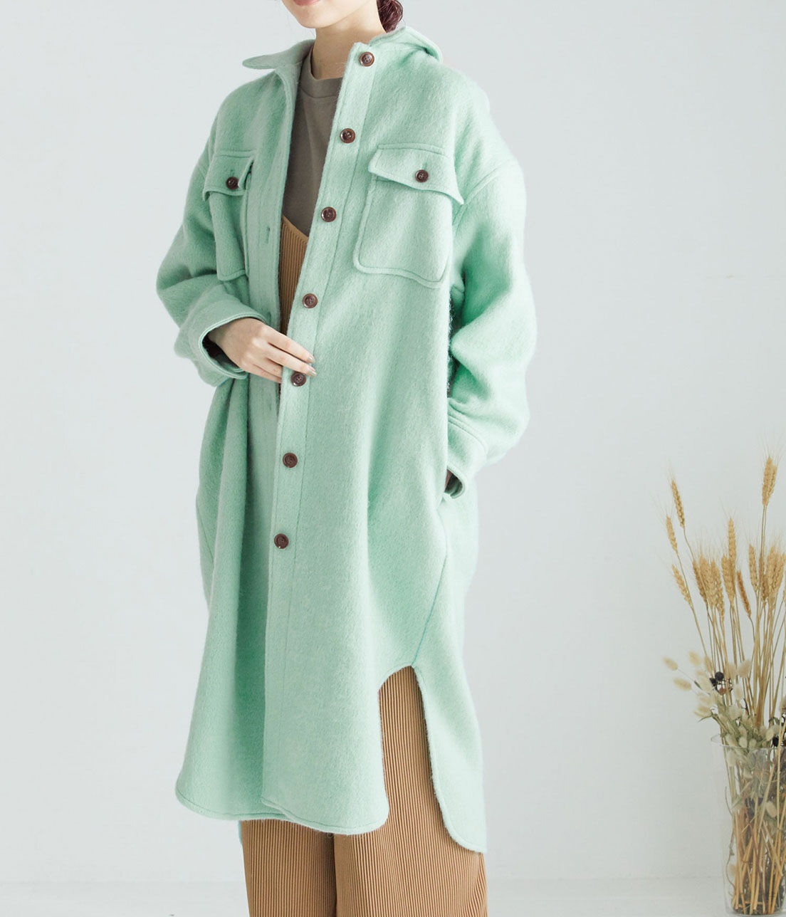 VIS「シャギーチェックCPOロングジャケット」|ミリタリージャケット|モスグリーン(32)