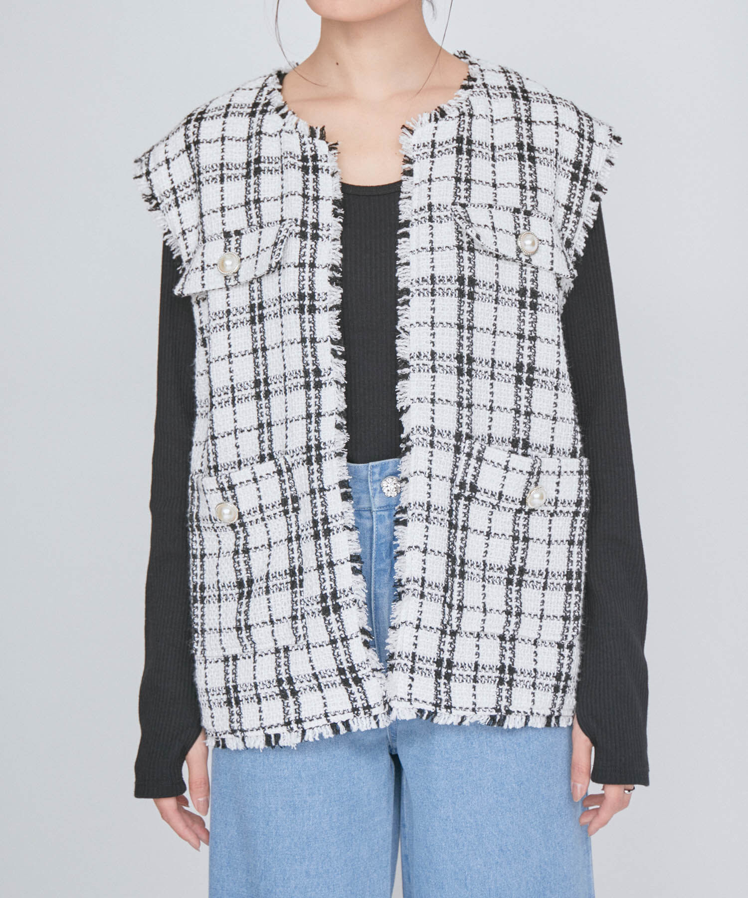 VIS「パール釦フリンジツイードジレ」|ベスト・ジレ|