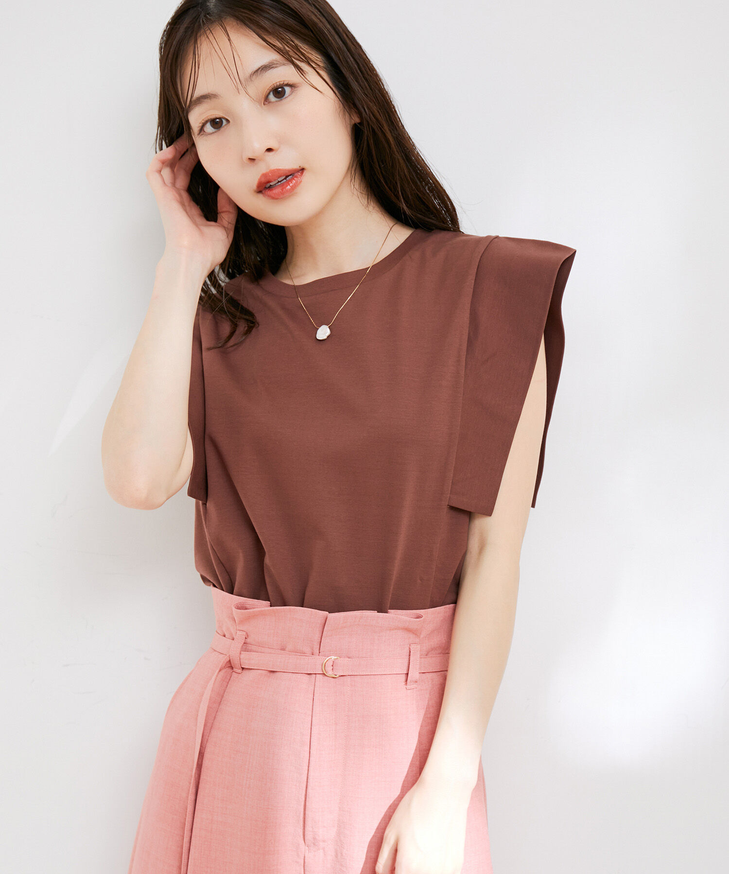 VIS「【接触冷感・洗える】シルケットフレンチスリーブトップス」|Tシャツ・カットソー|ブラウン(22)