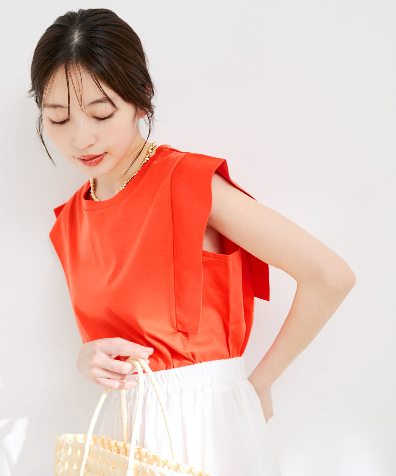 VIS「【接触冷感・洗える】シルケットフレンチスリーブトップス」|Tシャツ・カットソー|オレンジ系(74)