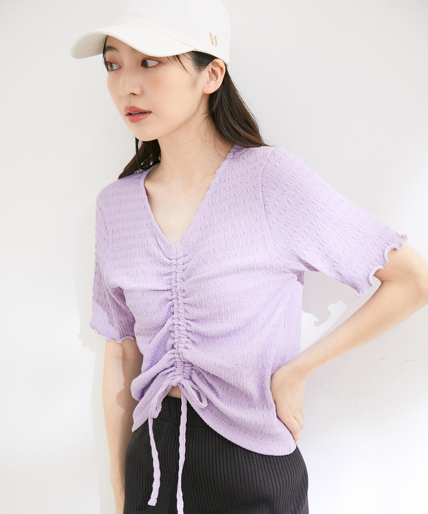 VIS「【洗える】ぽこぽこフロントシャーリングカットソー」|Tシャツ・カットソー|