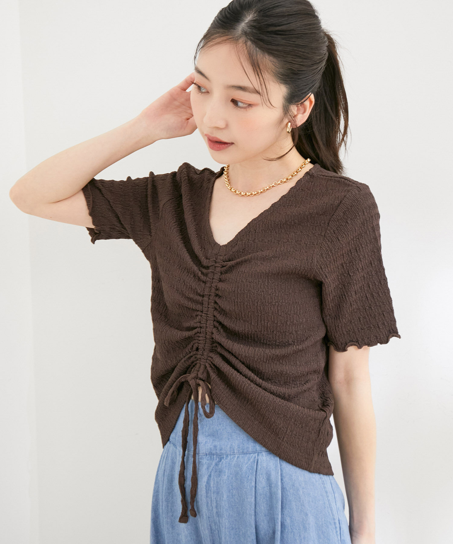 VIS「【洗える】ぽこぽこフロントシャーリングカットソー」|Tシャツ・カットソー|