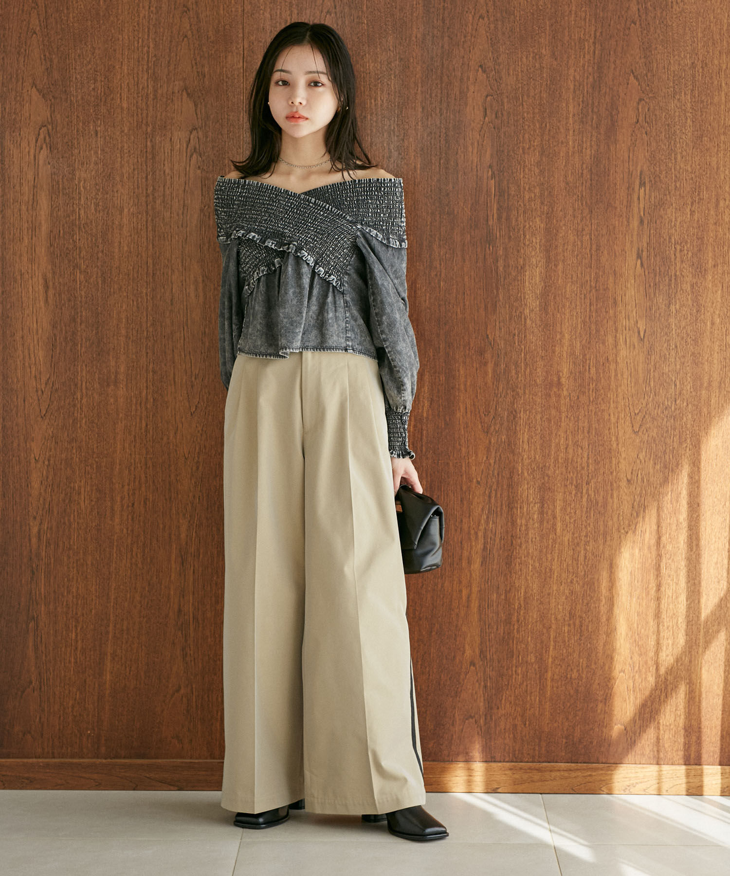 VIS「【洗える】サイドラインワイドパンツ」|スラックス|