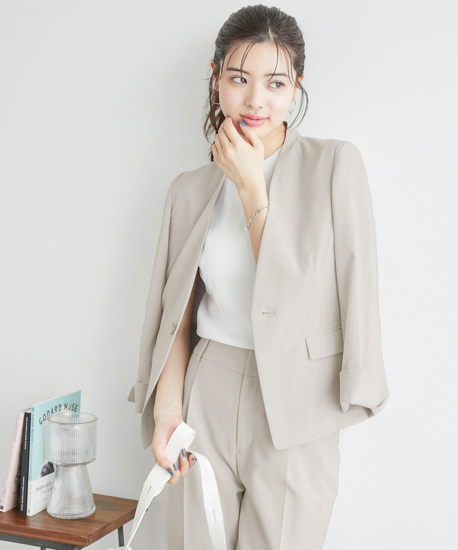 Rope&rsquo;Picnic「リネンライクノーラペルジャケット/セットアップ対応・UVケア」|ノーカラージャケット|ライトグレー(08)