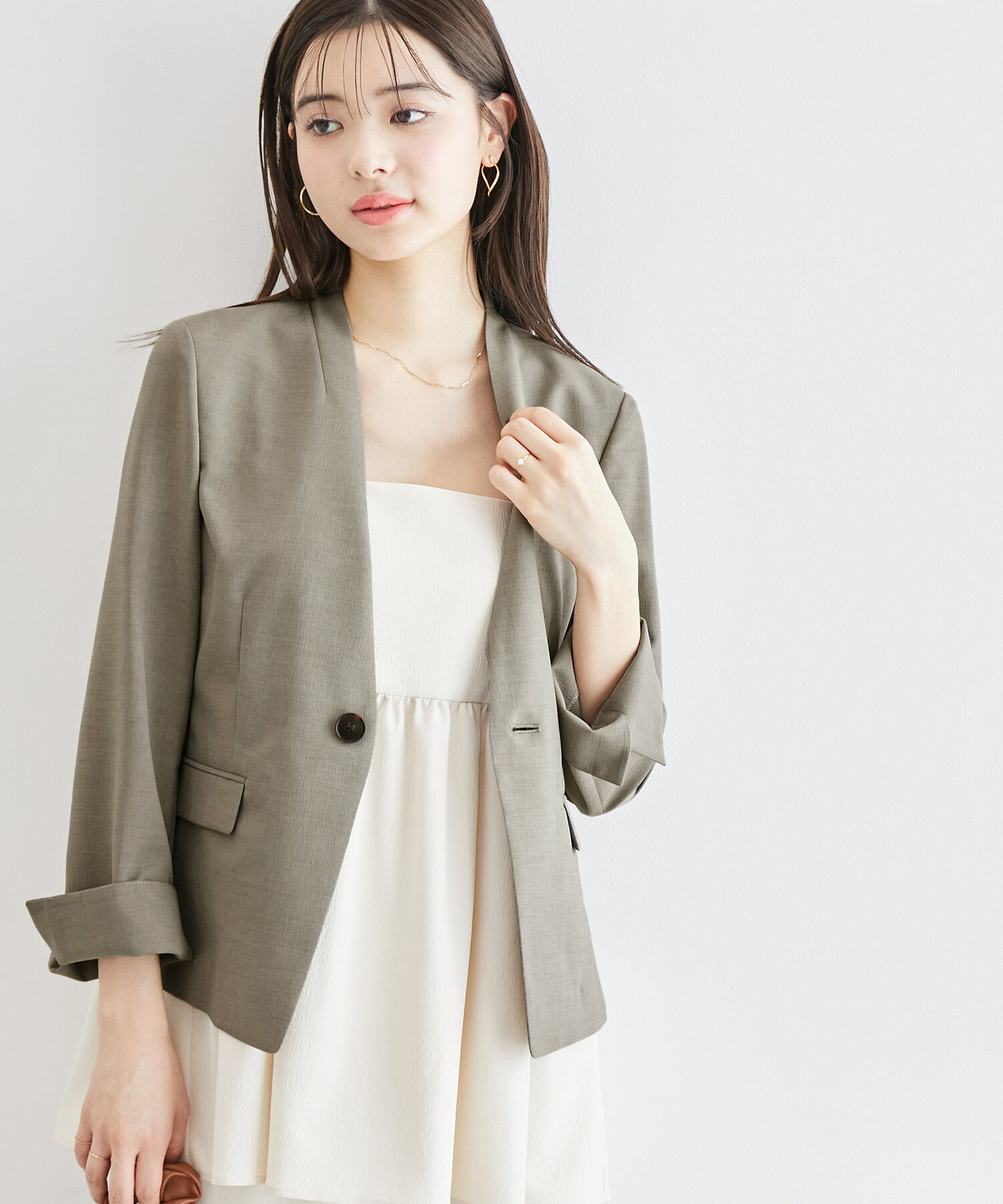 Rope&rsquo;Picnic「リネンライクノーラペルジャケット/セットアップ対応・UVケア」|ノーカラージャケット|