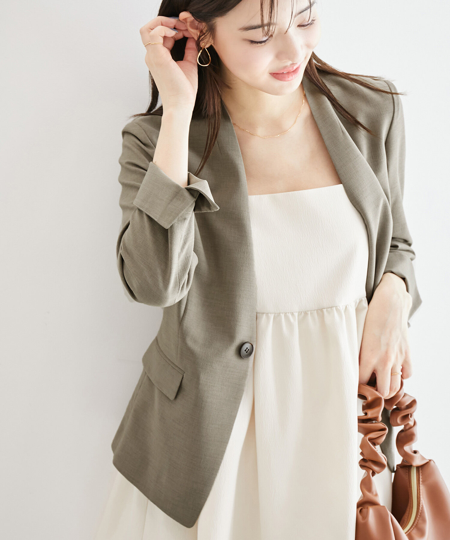 Rope&rsquo;Picnic「リネンライクノーラペルジャケット/セットアップ対応・UVケア」|ノーカラージャケット|