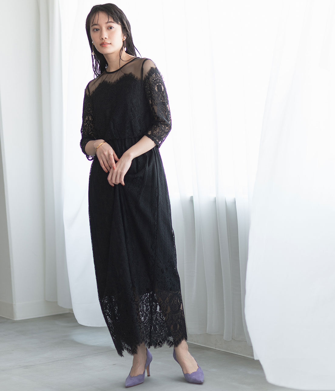 ADAM ET ROPE'「チュールパネルレースドレス」|ワンピース|