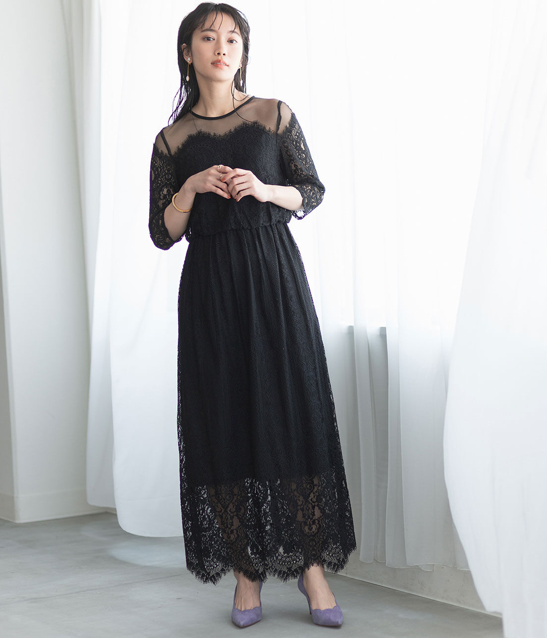 ADAM ET ROPE'「チュールパネルレースドレス」|ワンピース|