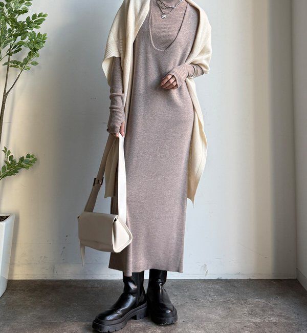  「【WEB限定】リブニット＋Uネックニットワンピースセット」|スーツ|ベージュ