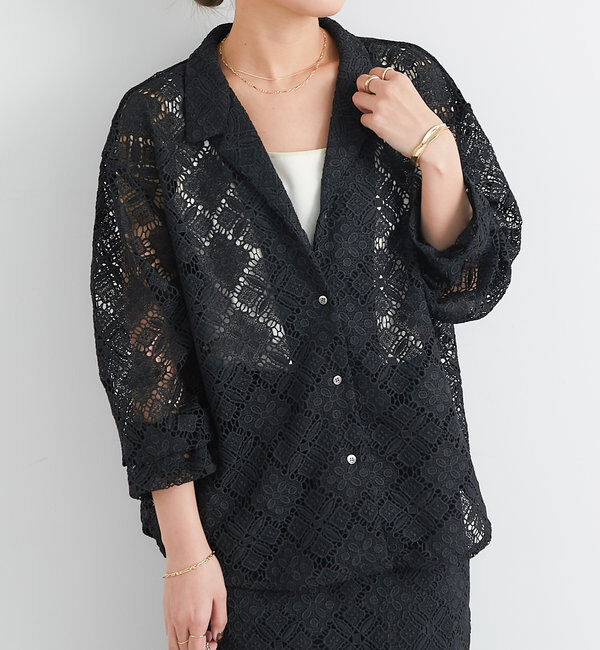  「開襟レースシャツ」|シャツ・ブラウス|ブラック