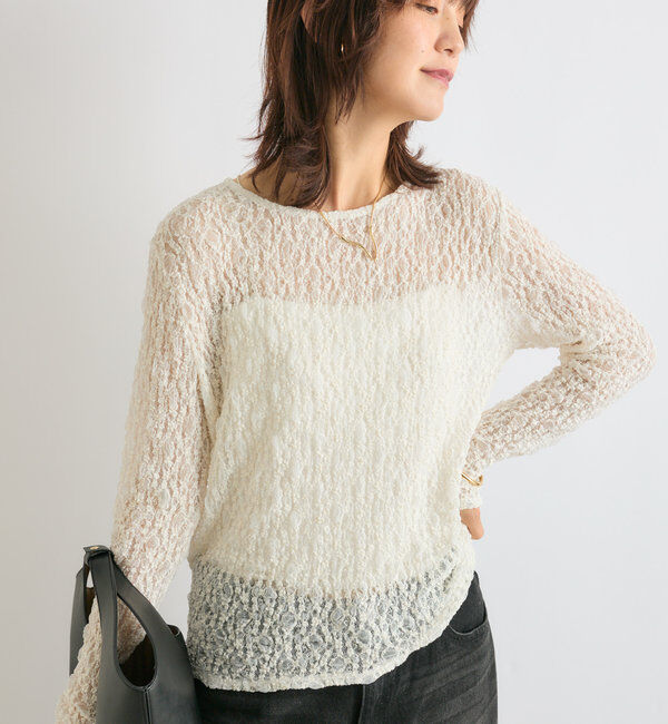  「【ニットのインナーにも】ストレッチフラワーレースカットソー」|Tシャツ・カットソー|