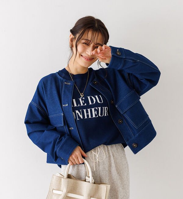 abahouse mavie「ジャージーデニムショートジャケット」|ノーカラージャケット|