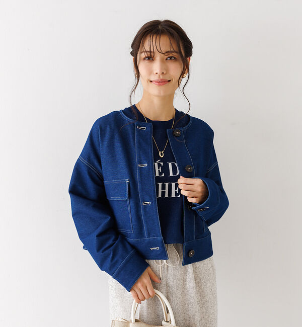 abahouse mavie「ジャージーデニムショートジャケット」|ノーカラージャケット|
