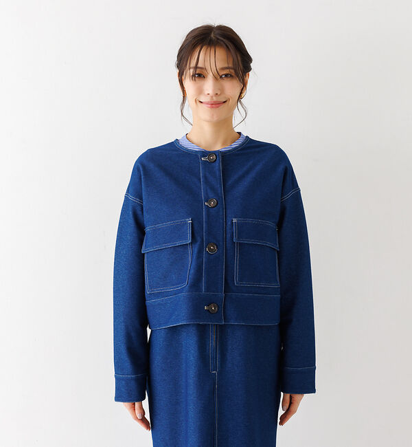 abahouse mavie「ジャージーデニムショートジャケット」|ノーカラージャケット|