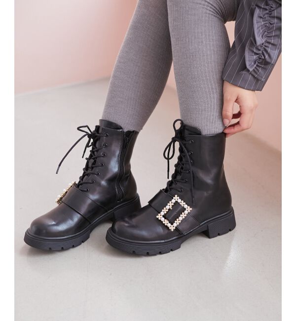 MAJESTICLEGON「パールバックルレースアップブーツ」|ショートブーツ|