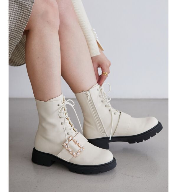 MAJESTICLEGON「パールバックルレースアップブーツ」|ショートブーツ|