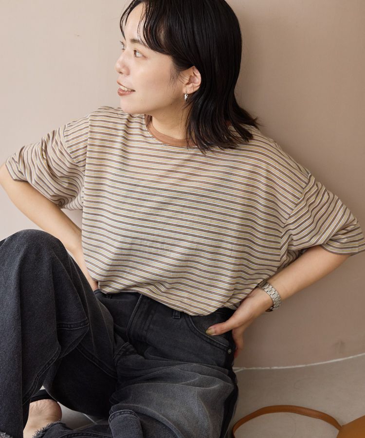 AMERICAN HOLIC「シアーレトロボーダー半袖プルオーバー」|Tシャツ・カットソー|Beige