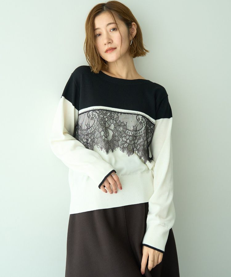 YECCA VECCA「バイカラーレースニット」|ニット・セーター|Black