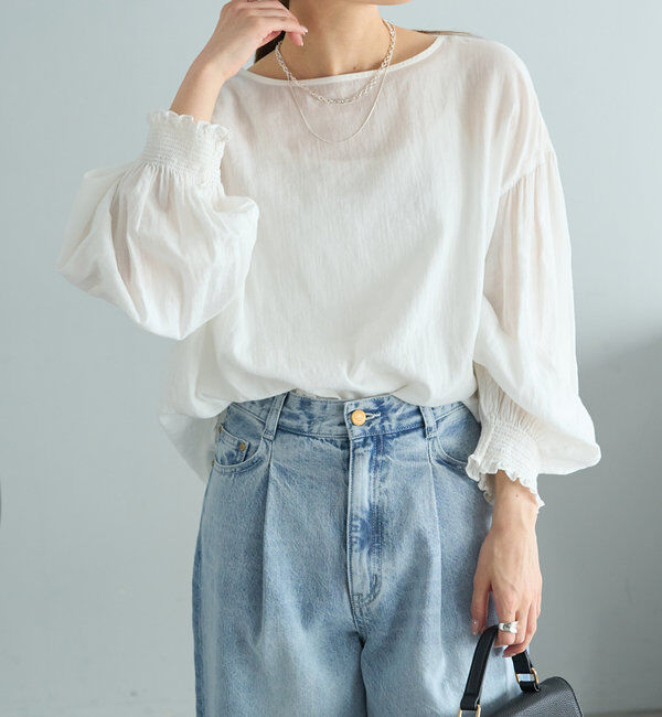  「【WEB限定】コットンガーゼ袖シャーリングプルオーバー」|シャツ・ブラウス|