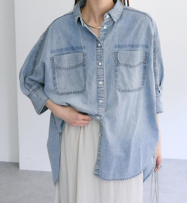  「【25th】綿麻デニムハーフスリーブブラウス」|シャツ・ブラウス|