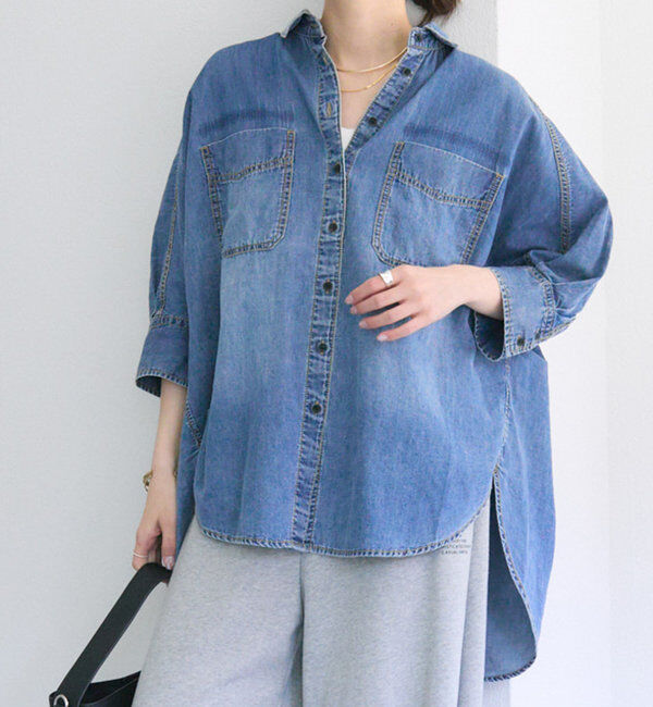  「【25th】綿麻デニムハーフスリーブブラウス」|シャツ・ブラウス|