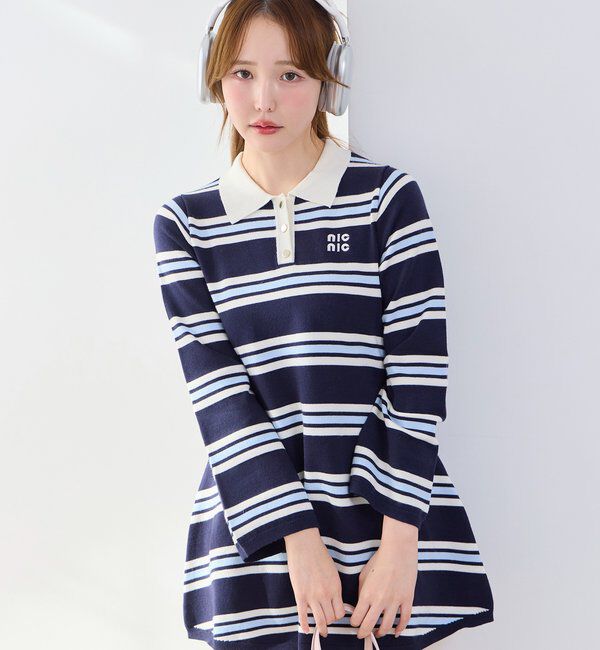  「ポロ襟ニットワンピース」|ワンピース|ネイビー