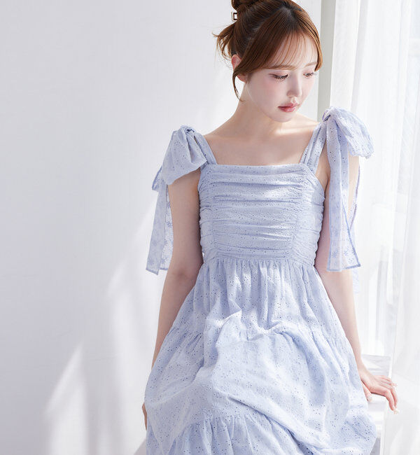  「肩リボンティアードキャミワンピース」|ワンピース|サックスブルー