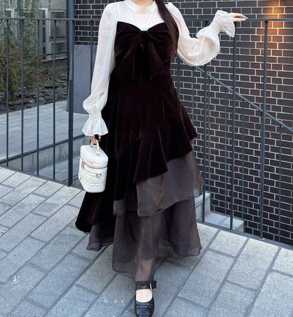  「【Occasion Collection】ベロアリボン異素材ワンピース」|ワンピース|