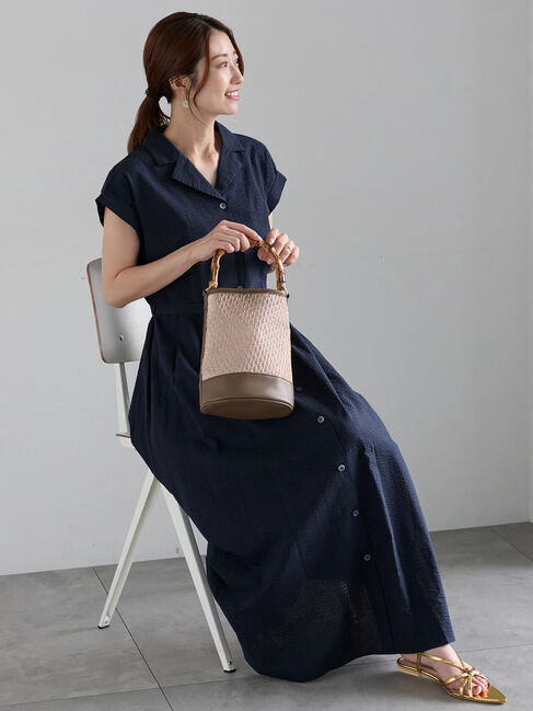 Te chichi「シアサッカーオープンカラーワンピース」|ワンピース|ネイビー