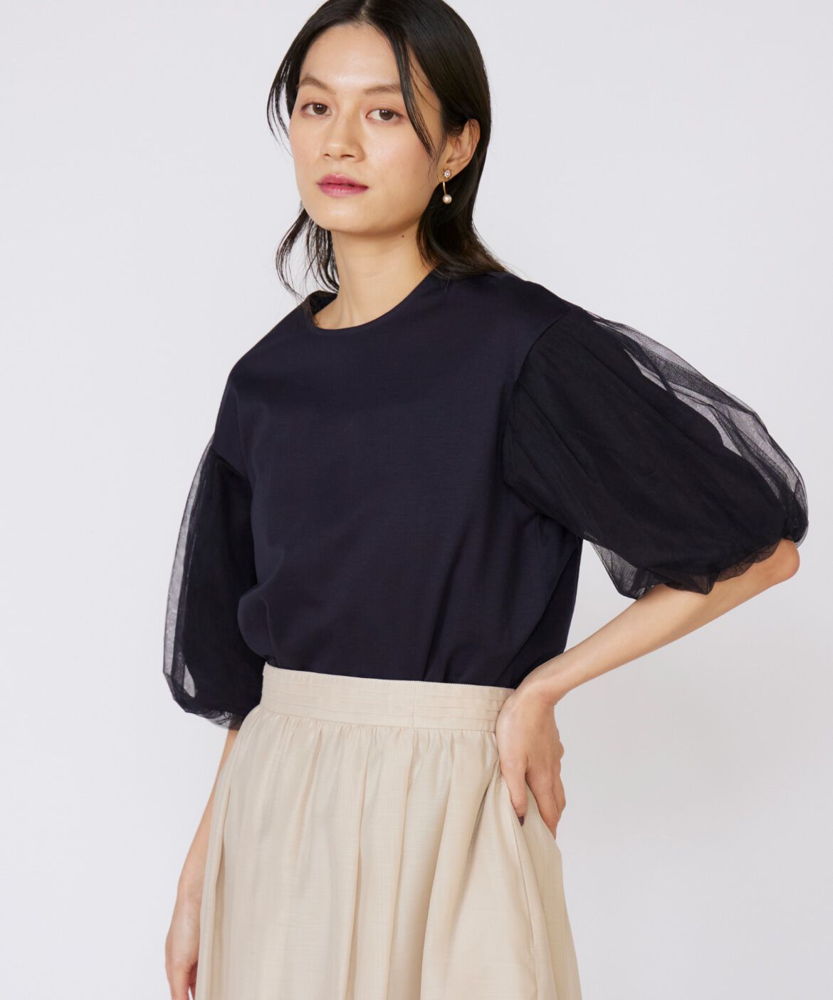 INED「《大きいサイズ》袖チュールカットソー」|Tシャツ・カットソー|ネイビー