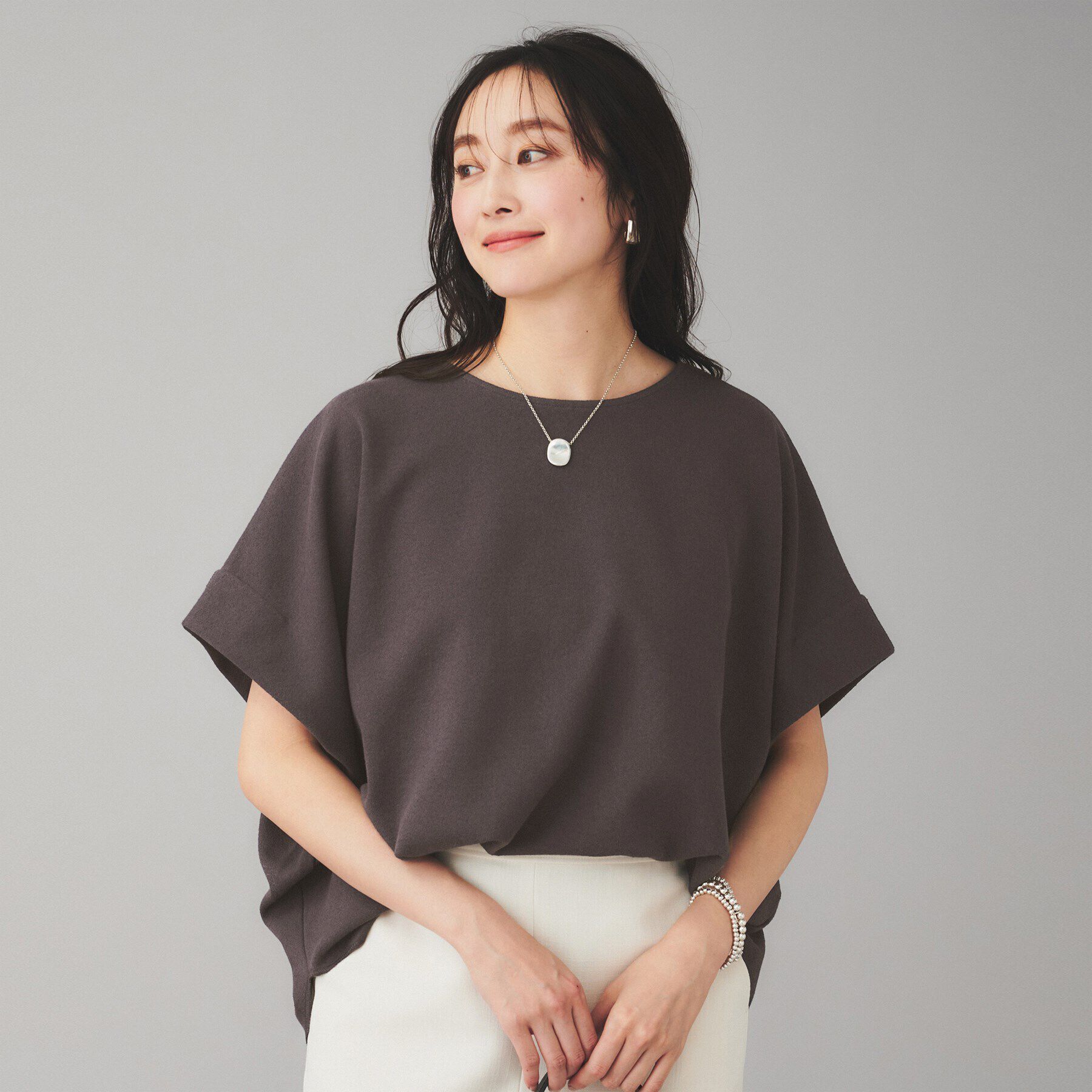 UNTITLED「【Munich】ダブルフェイスブークレータックショルダートップス」|Tシャツ・カットソー|チャコールグレー(0