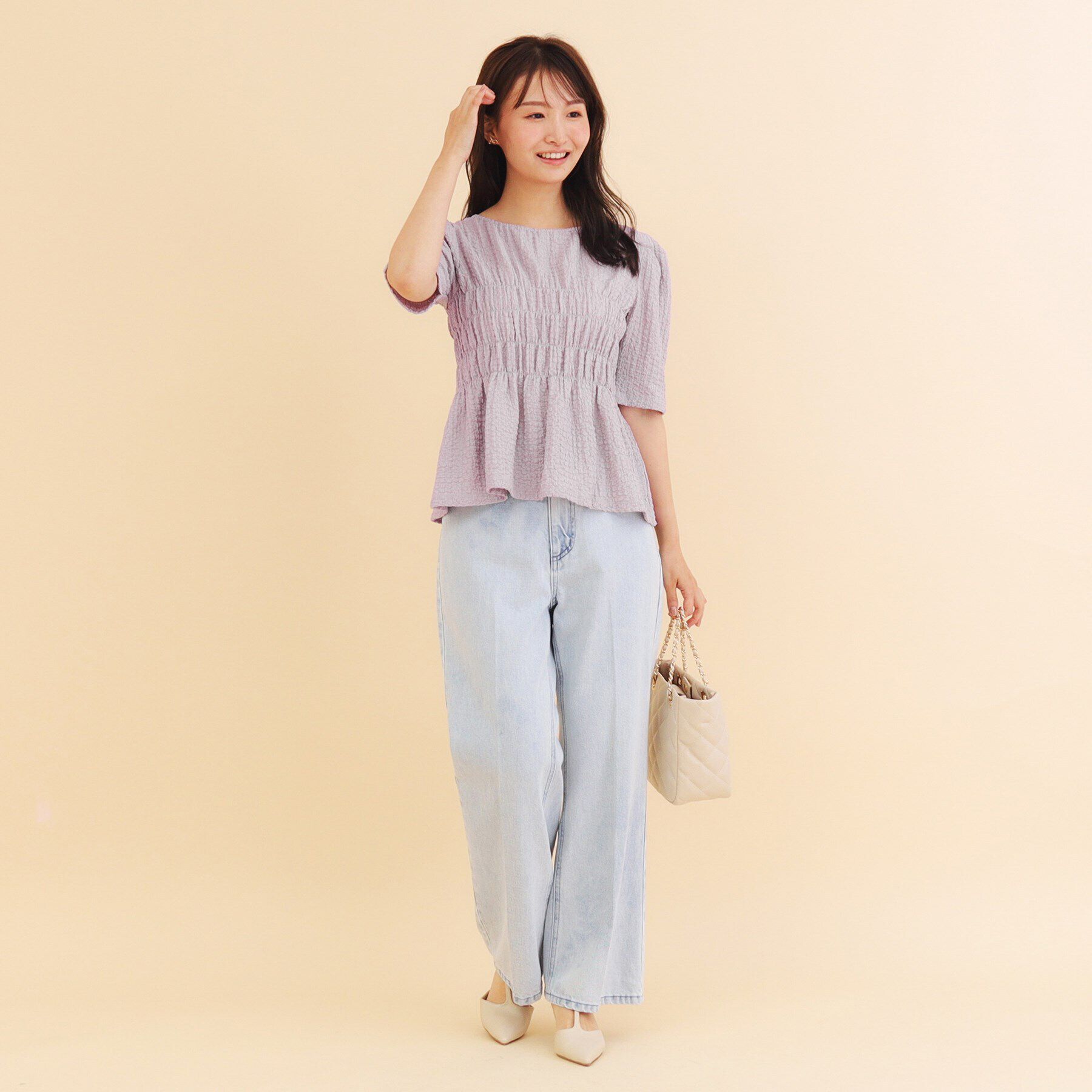 index「シボジャカード シャーリングペプラムトップス【洗濯機可】」|Tシャツ・カットソー|