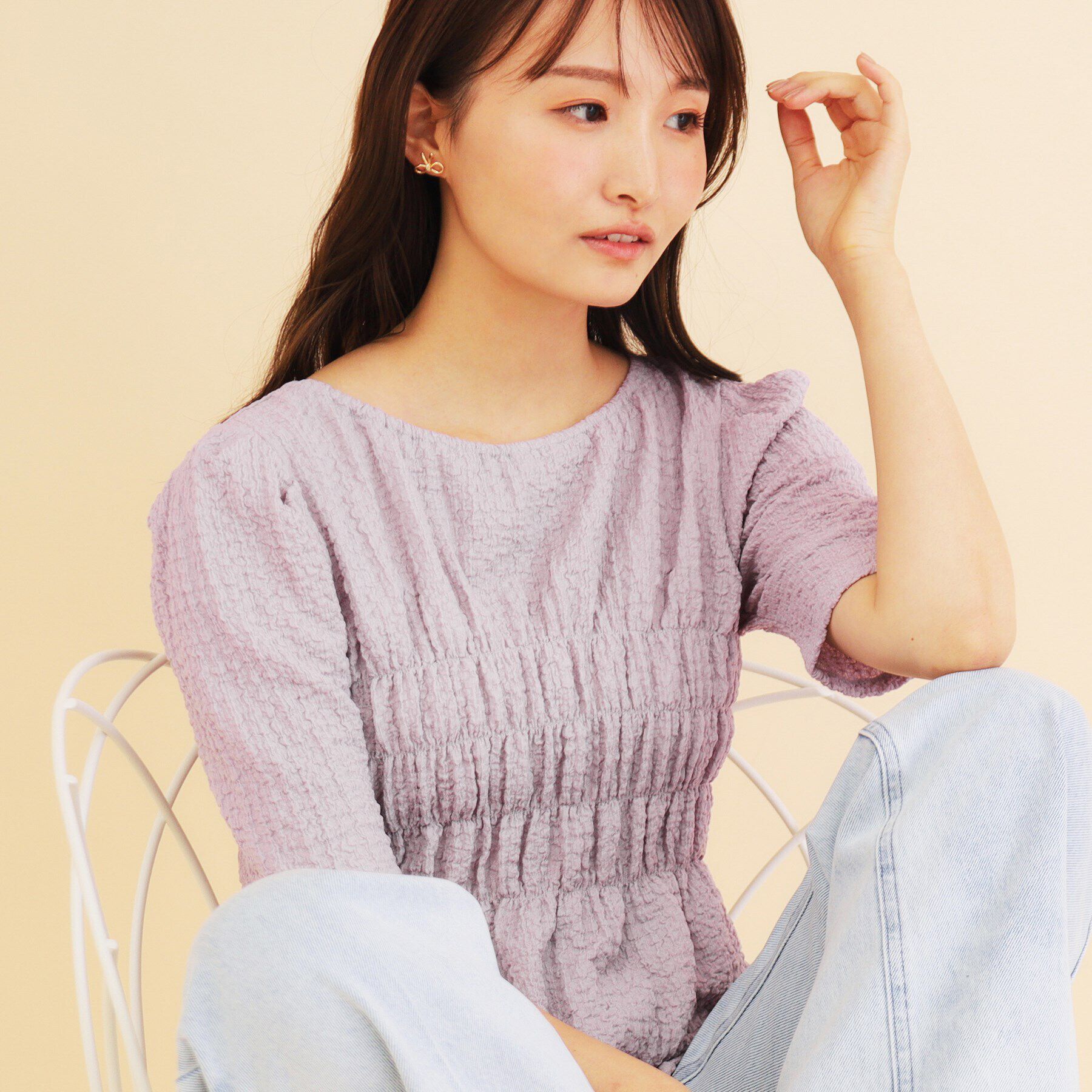 index「シボジャカード シャーリングペプラムトップス【洗濯機可】」|Tシャツ・カットソー|ラベンダー(080)