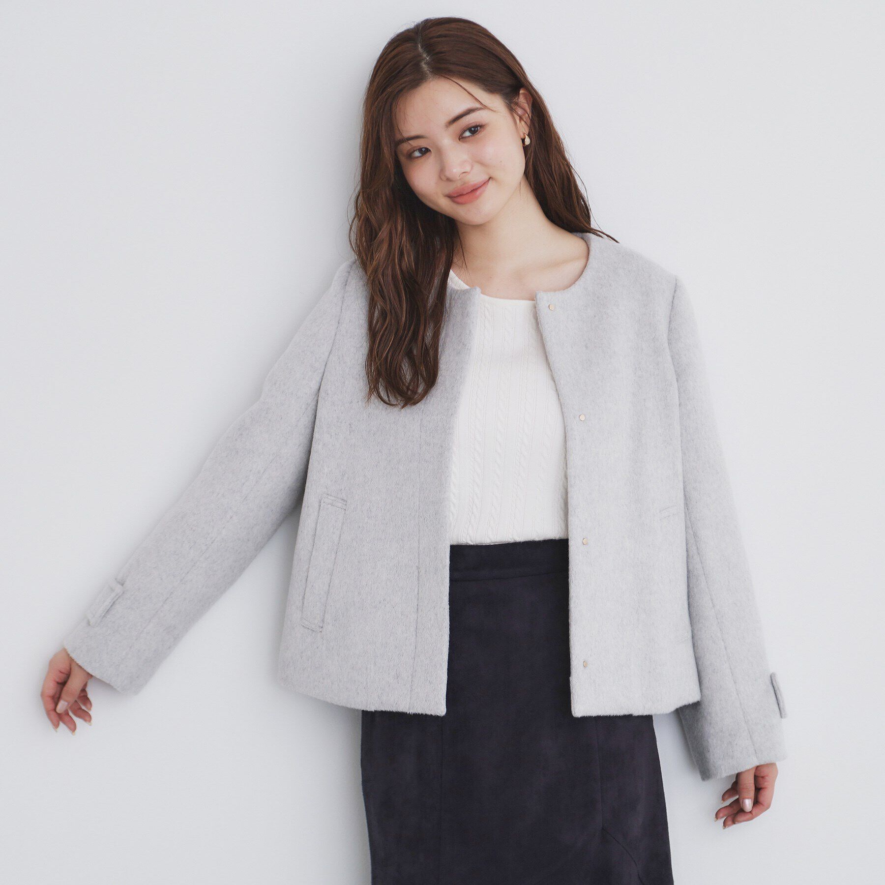 index「《5color/XS-LLsize》ウール混ノーカラーショートコート」|ノーカラーコート|グレー(012)