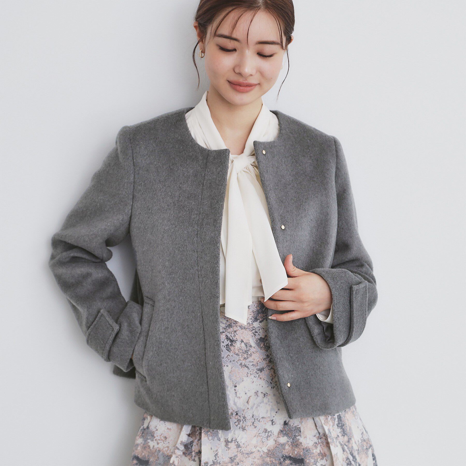 index「《5color/XS-LLsize》ウール混ノーカラーショートコート」|ノーカラーコート|チャコールグレー(8