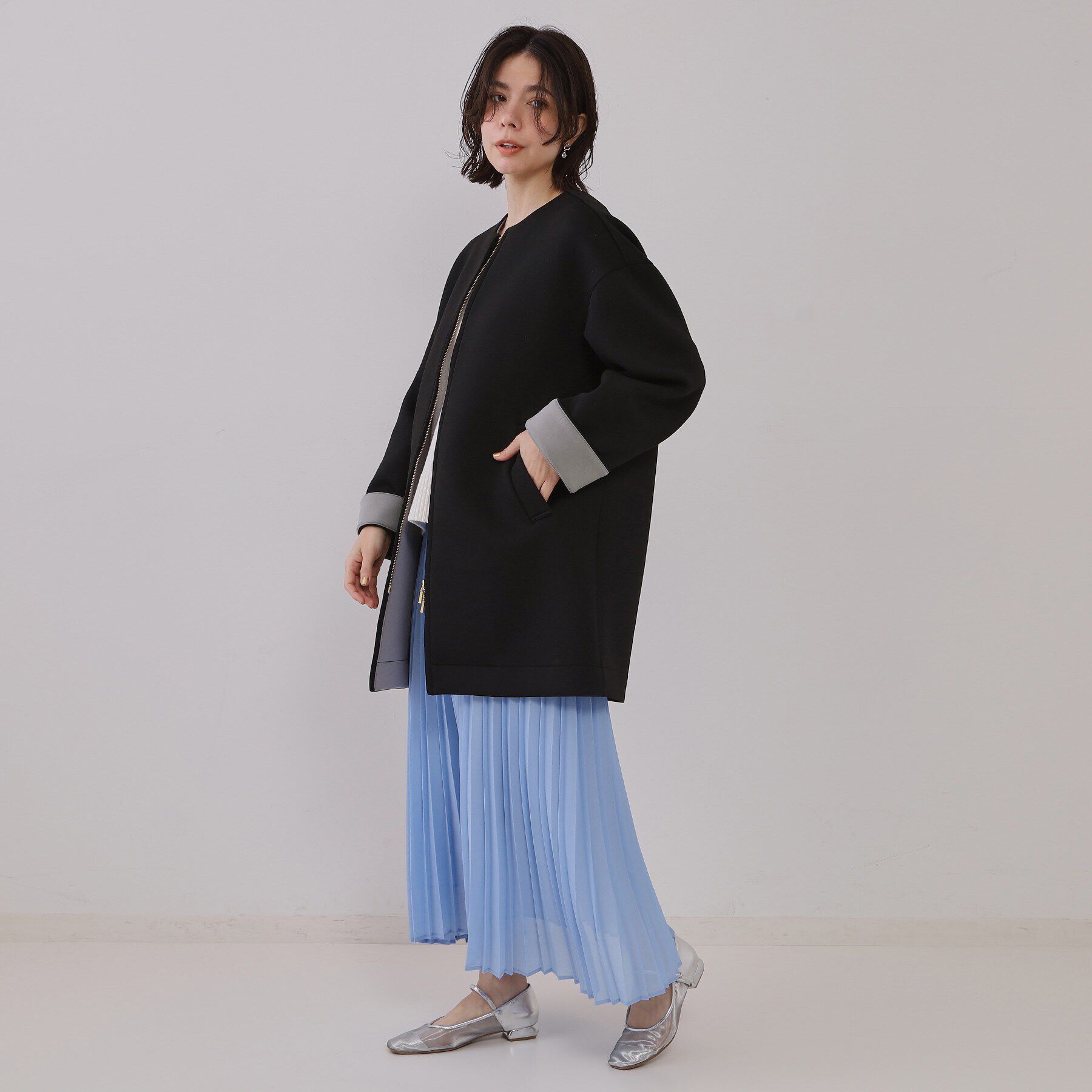 OPAQUE.CLIP「ノーカラーZIPミドルコート【洗濯機洗い可/抗ピル】」|ノーカラーコート|