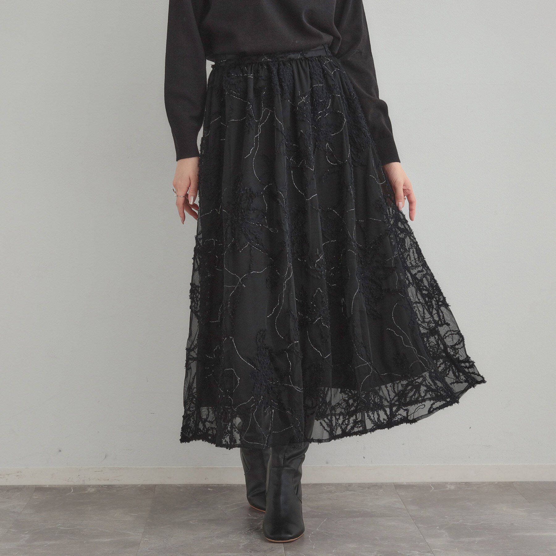 Couture broach「【通勤】ラメ刺繍ブークレチュールスカート」|スカート|ブラック(419)