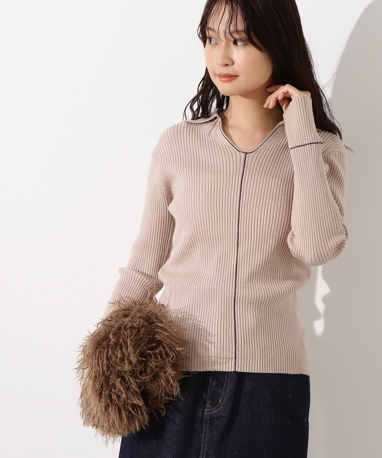  「ラインスキッパーリブニット」|ニット・セーター|ベージュ2