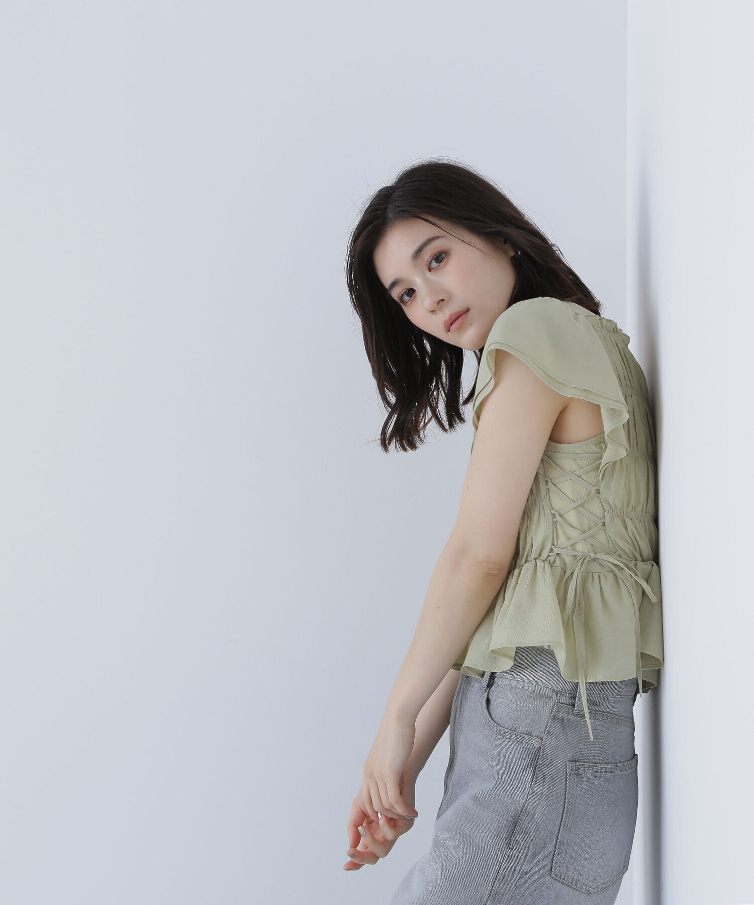  「レースアップシャーリングブラウス」|シャツ・ブラウス|ライトグリー