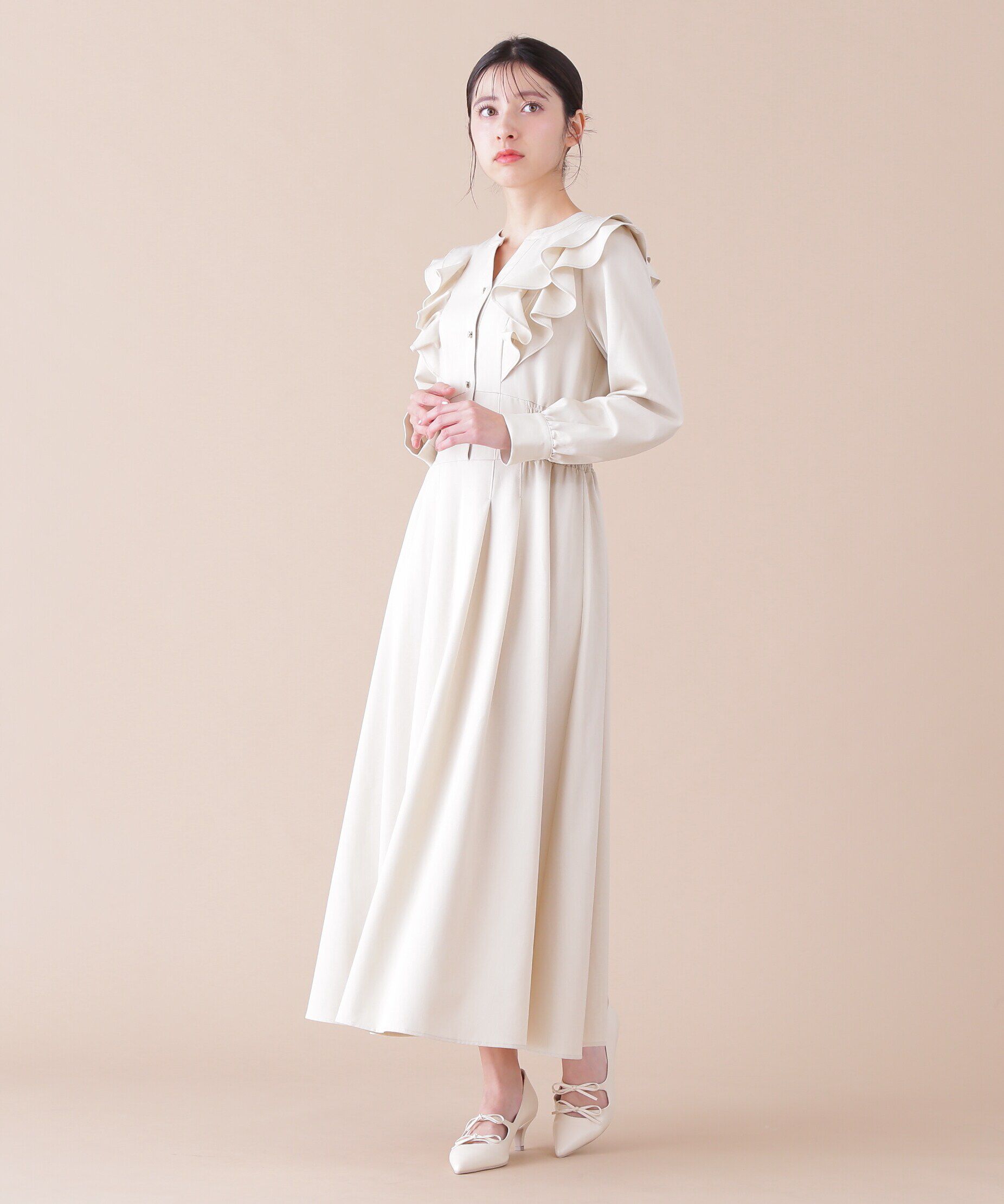  「フリルデニムシャツワンピース」|ワンピース|