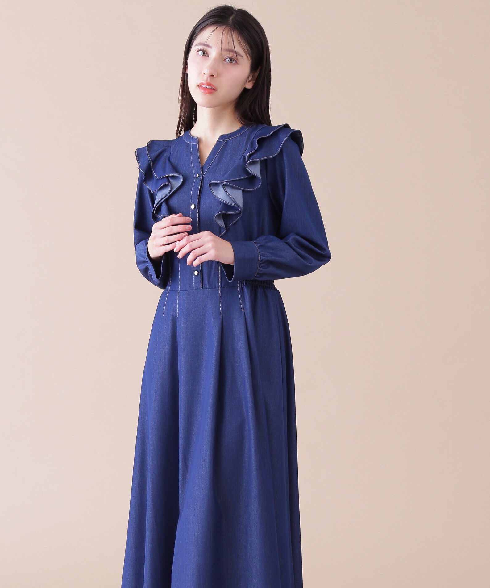  「フリルデニムシャツワンピース」|ワンピース|